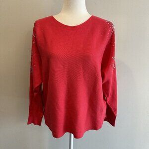 NEW LIV Milano Red Rhinestone Studded Stars Round Neck Sweater Knit‎ Top Size L